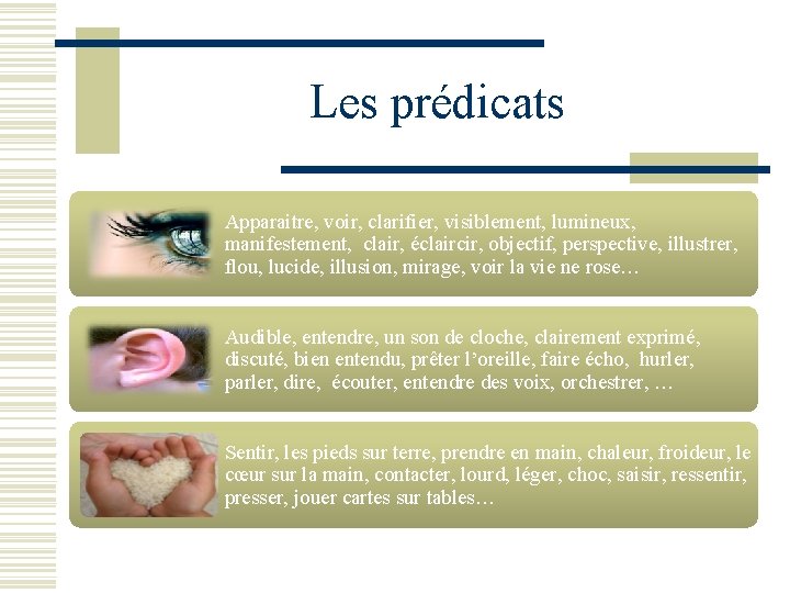 Les prédicats Apparaitre, voir, clarifier, visiblement, lumineux, manifestement, clair, éclaircir, objectif, perspective, illustrer, flou,