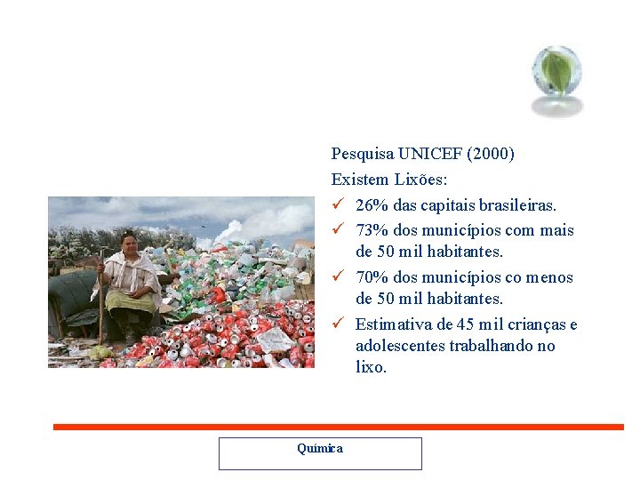 Pesquisa UNICEF (2000) Existem Lixões: ü 26% das capitais brasileiras. ü 73% dos municípios