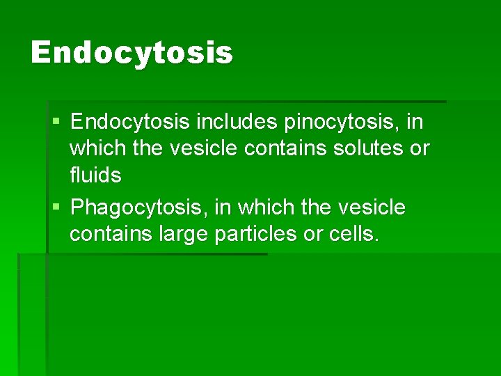Endocytosis § Endocytosis includes pinocytosis, in which the vesicle contains solutes or fluids §