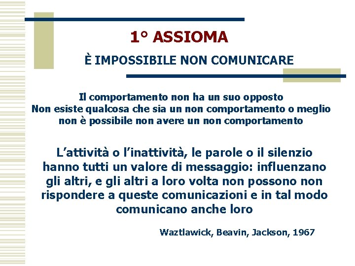 1° ASSIOMA È IMPOSSIBILE NON COMUNICARE Il comportamento non ha un suo opposto Non