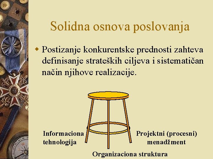 Solidna osnova poslovanja w Postizanje konkurentske prednosti zahteva definisanje strateških ciljeva i sistematičan način Solidna osnova poslovanja w Postizanje konkurentske prednosti zahteva definisanje strateških ciljeva i sistematičan način