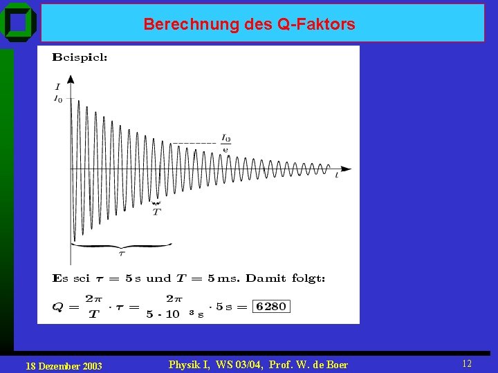 Berechnung des Q-Faktors 18 Dezember 2003 Physik I, WS 03/04, Prof. W. de Boer
