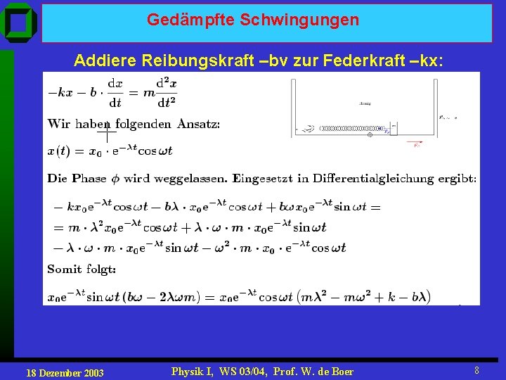 Gedämpfte Schwingungen Addiere Reibungskraft –bv zur Federkraft –kx: 18 Dezember 2003 Physik I, WS