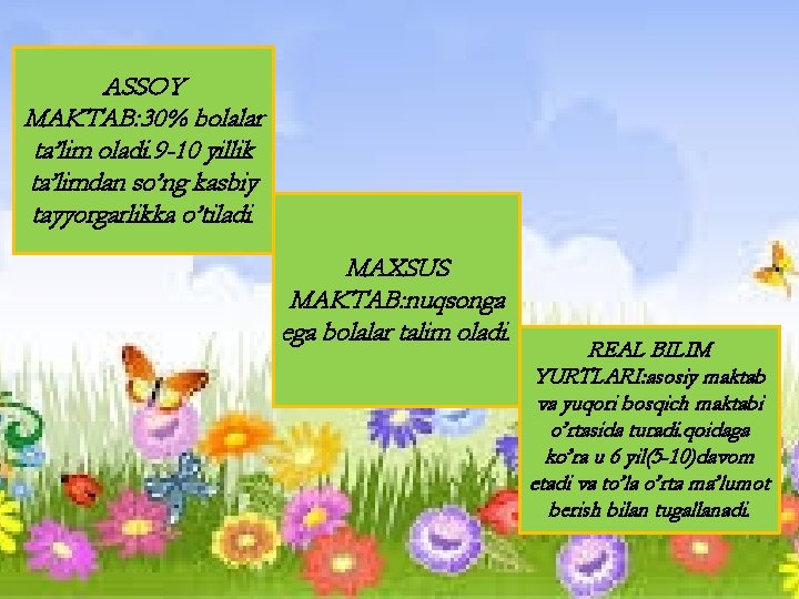 ASSOY MAKTAB: 30% bolalar ta’lim oladi. 9 -10 yillik ta’limdan so’ng kasbiy tayyorgarlikka o’tiladi. ASSOY MAKTAB: 30% bolalar ta’lim oladi. 9 -10 yillik ta’limdan so’ng kasbiy tayyorgarlikka o’tiladi.