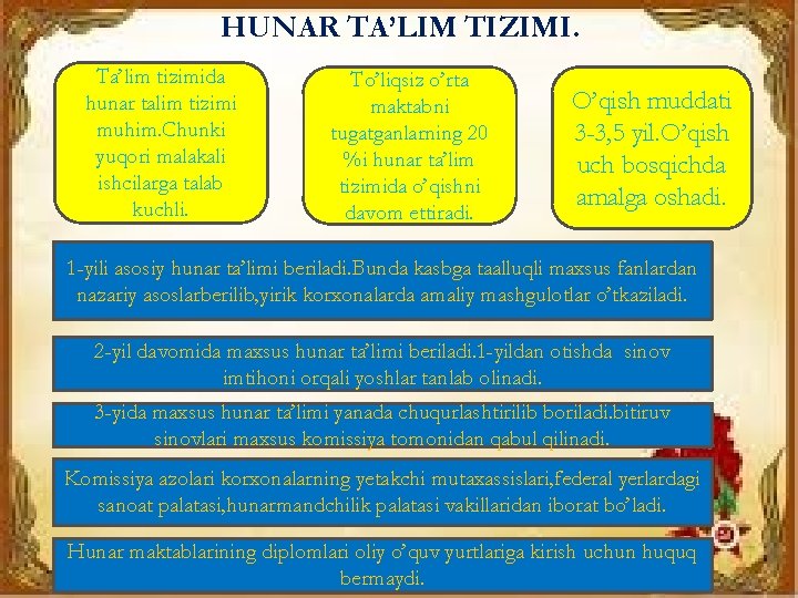 HUNAR TA’LIM TIZIMI. Ta’lim tizimida hunar talim tizimi muhim. Chunki yuqori malakali ishcilarga talab HUNAR TA’LIM TIZIMI. Ta’lim tizimida hunar talim tizimi muhim. Chunki yuqori malakali ishcilarga talab