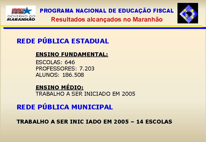 PROGRAMA NACIONAL DE EDUCAÇÃO FISCAL Resultados alcançados no Maranhão REDE PÚBLICA ESTADUAL ENSINO FUNDAMENTAL: