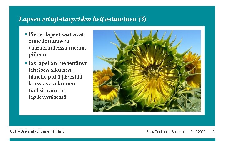 Lapsen erityistarpeiden heijastuminen (3) • Pienet lapset saattavat onnettomuus- ja vaaratilanteissa mennä piiloon • Lapsen erityistarpeiden heijastuminen (3) • Pienet lapset saattavat onnettomuus- ja vaaratilanteissa mennä piiloon •