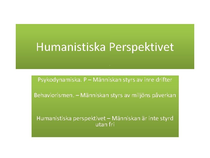 Humanistiska Perspektivet Psykodynamiska. P – Människan styrs av inre drifter Behaviorismen. – Människan styrs Humanistiska Perspektivet Psykodynamiska. P – Människan styrs av inre drifter Behaviorismen. – Människan styrs