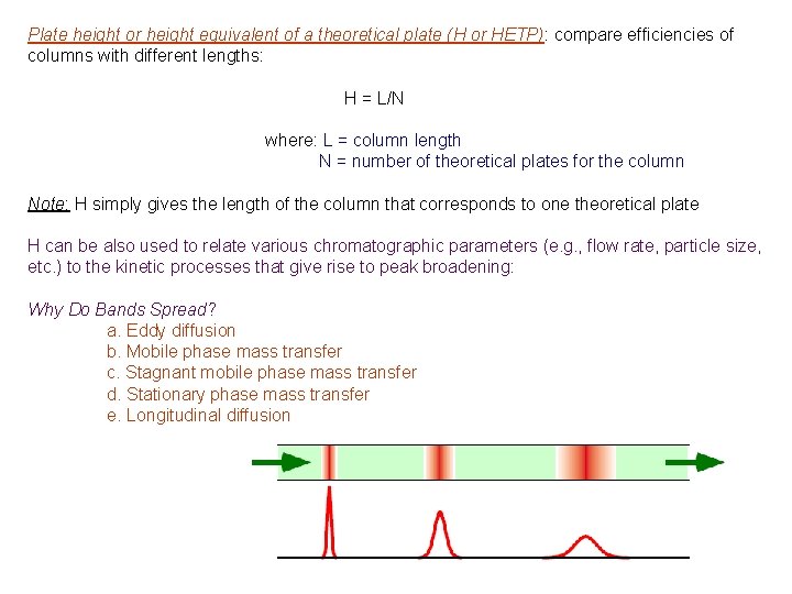 Plate height or height equivalent of a theoretical plate (H or HETP): compare efficiencies Plate height or height equivalent of a theoretical plate (H or HETP): compare efficiencies