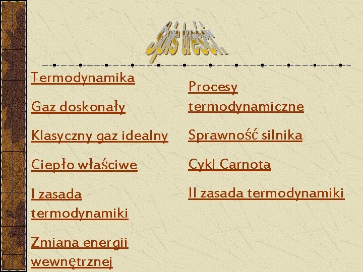 Termodynamika Gaz doskonały Procesy termodynamiczne Klasyczny gaz idealny Sprawność silnika Ciepło właściwe Cykl Carnota Termodynamika Gaz doskonały Procesy termodynamiczne Klasyczny gaz idealny Sprawność silnika Ciepło właściwe Cykl Carnota