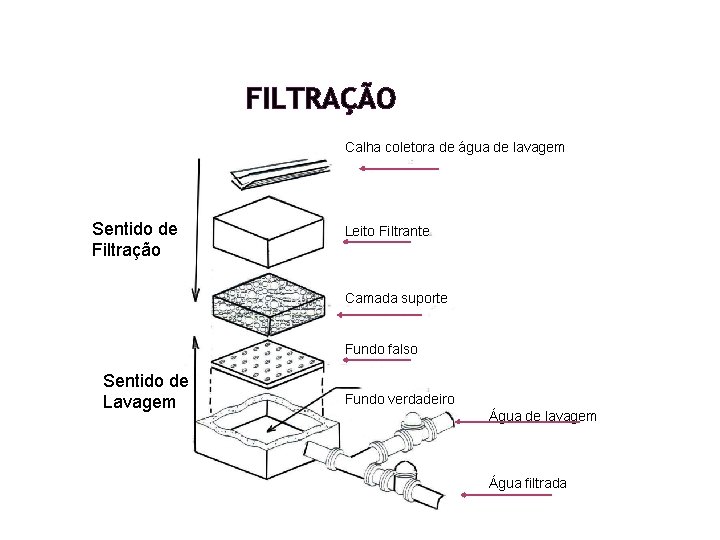 FILTRAÇÃO Calha coletora de água de lavagem Sentido de Filtração Leito Filtrante Camada suporte FILTRAÇÃO Calha coletora de água de lavagem Sentido de Filtração Leito Filtrante Camada suporte