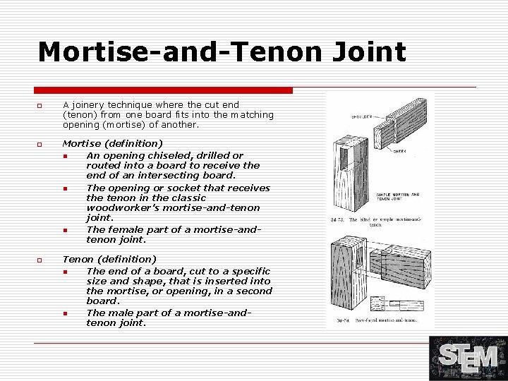 Mortise-and-Tenon Joint o o o A joinery technique where the cut end (tenon) from