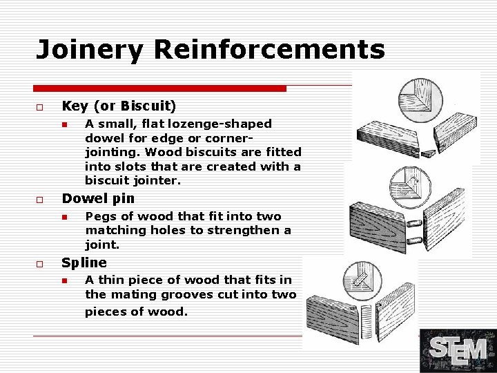 Joinery Reinforcements o Key (or Biscuit) n o Dowel pin n o A small,