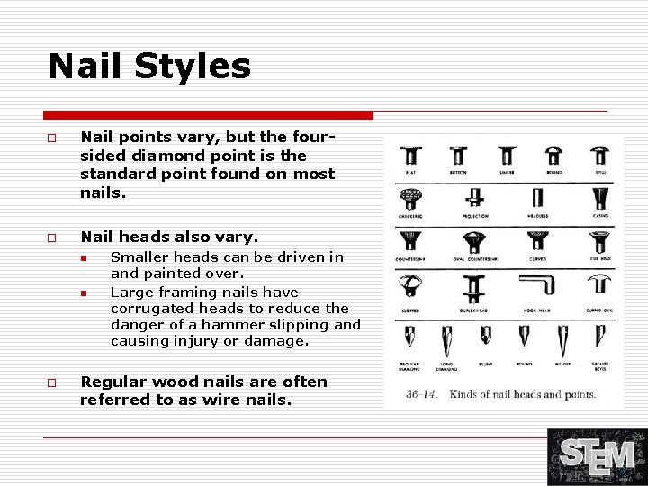 Nail Styles o o Nail points vary, but the foursided diamond point is the