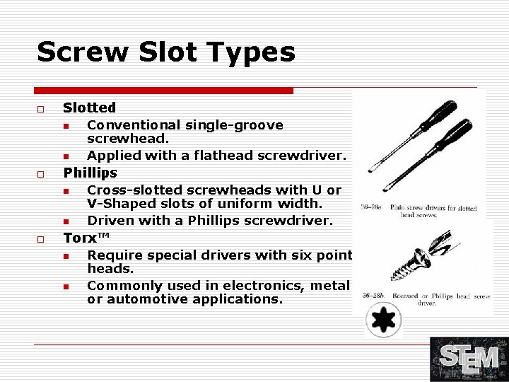 Screw Slot Types o Slotted n n o Phillips n n o Conventional single-groove