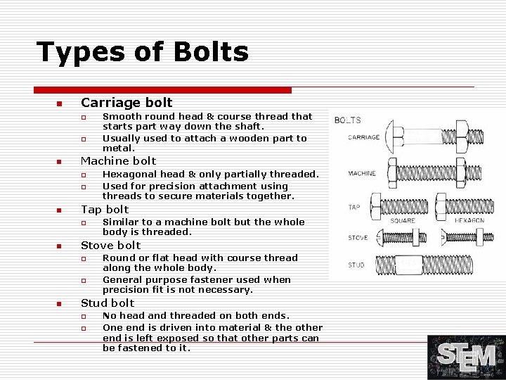 Types of Bolts n Carriage bolt o o n Machine bolt o o n