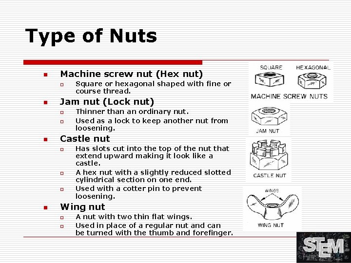 Type of Nuts n Machine screw nut (Hex nut) o n Jam nut (Lock