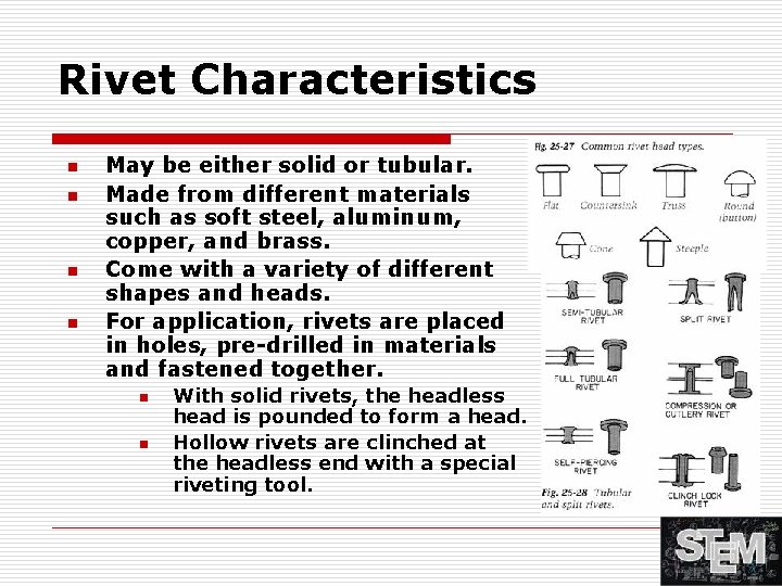 Rivet Characteristics n n May be either solid or tubular. Made from different materials