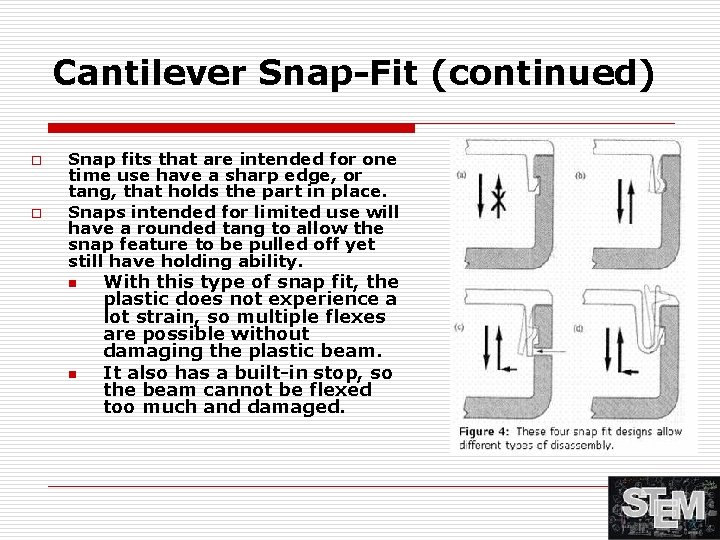 Cantilever Snap-Fit (continued) o o Snap fits that are intended for one time use