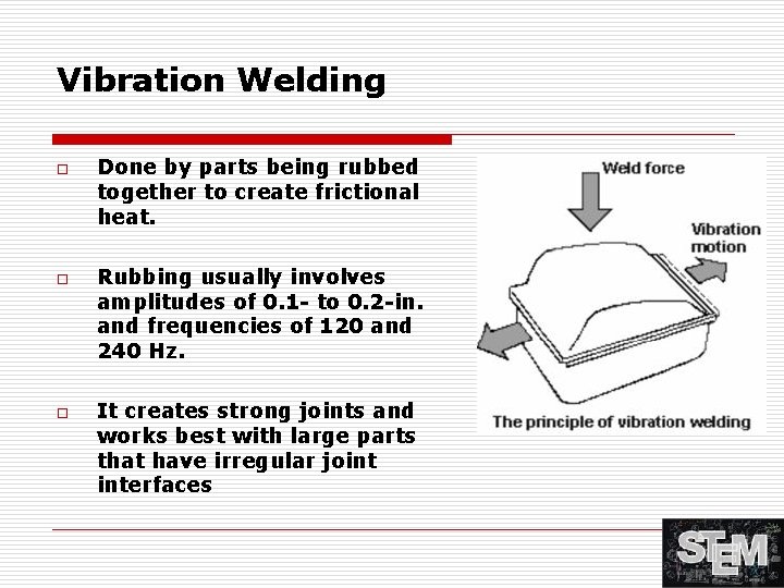 Vibration Welding o o o Done by parts being rubbed together to create frictional