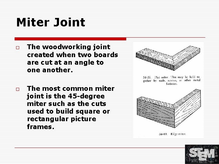 Miter Joint o o The woodworking joint created when two boards are cut at