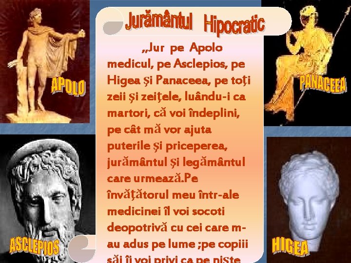 , , Jur pe Apolo medicul, pe Asclepios, pe Higea şi Panaceea, pe toţi