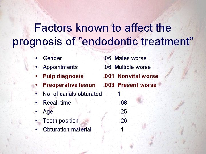 Factors known to affect the prognosis of ”endodontic treatment” • Gender . 06 Males