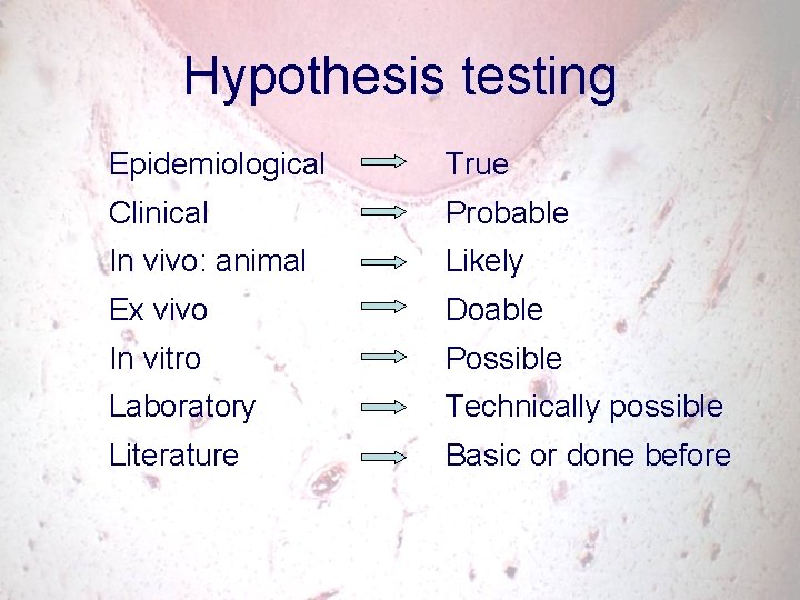 Hypothesis testing Epidemiological True Clinical Probable In vivo: animal Likely Ex vivo Doable In