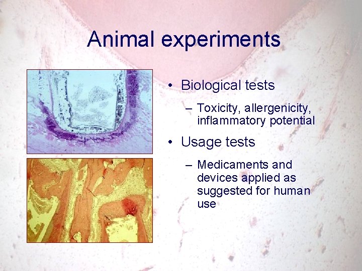 Animal experiments • Biological tests – Toxicity, allergenicity, inflammatory potential • Usage tests –