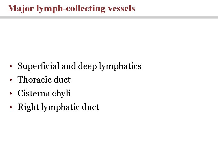 Major lymph-collecting vessels • Superficial and deep lymphatics • Thoracic duct • Cisterna chyli Major lymph-collecting vessels • Superficial and deep lymphatics • Thoracic duct • Cisterna chyli