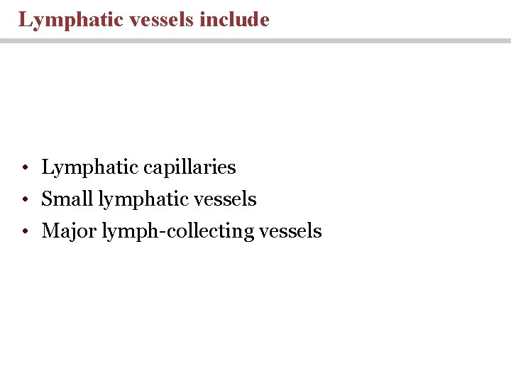 Lymphatic vessels include • Lymphatic capillaries • Small lymphatic vessels • Major lymph-collecting vessels Lymphatic vessels include • Lymphatic capillaries • Small lymphatic vessels • Major lymph-collecting vessels