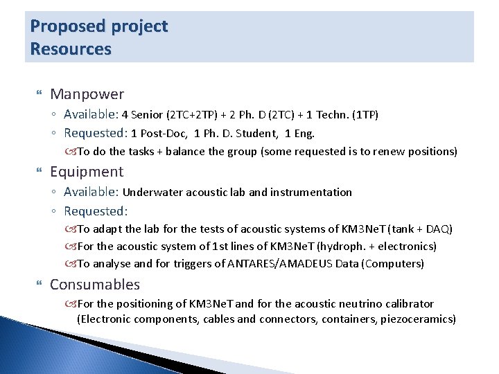 Proposed project Resources Manpower ◦ Available: 4 Senior (2 TC+2 TP) + 2 Ph.