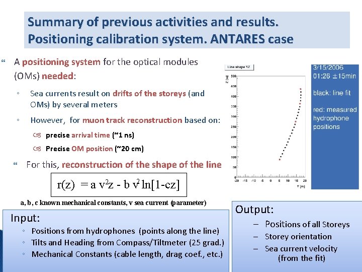 Summary of previous activities and results. Positioning calibration system. ANTARES case A positioning system