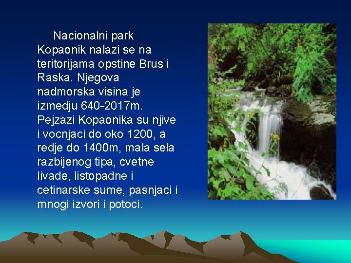 Nacionalni park Kopaonik nalazi se na teritorijama opstine Brus i Raska. Njegova nadmorska visina