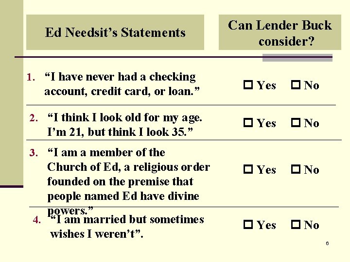 Ed Needsit’s Statements 1. “I have never had a checking account, credit card, or