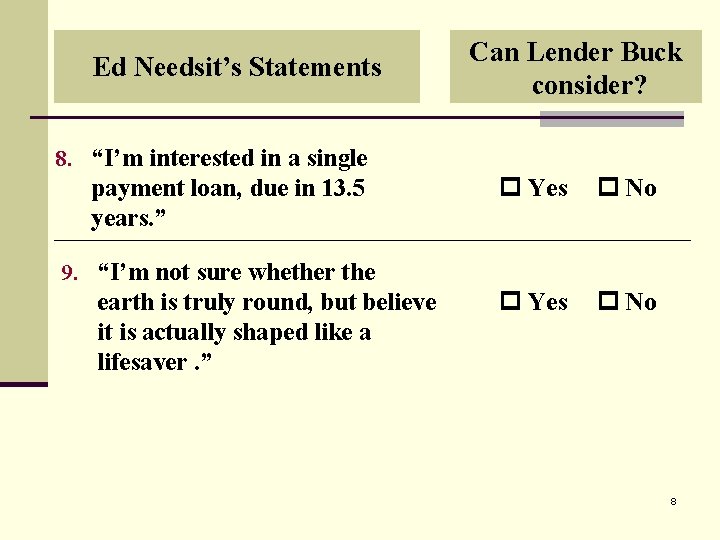 Ed Needsit’s Statements Can Lender Buck consider? 8. “I’m interested in a single payment