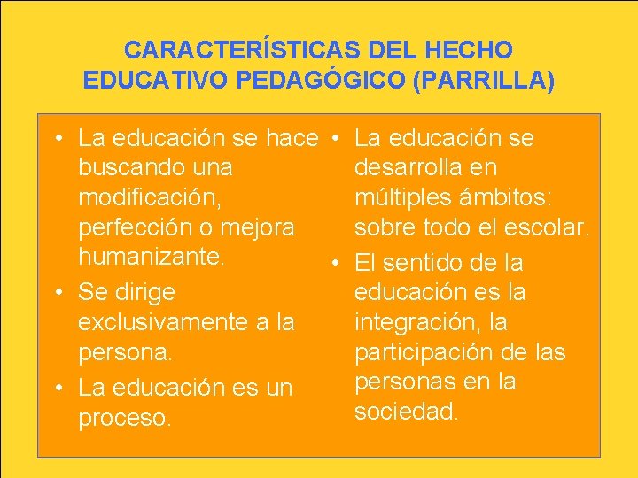 CARACTERÍSTICAS DEL HECHO EDUCATIVO PEDAGÓGICO (PARRILLA) • La educación se hace • La educación CARACTERÍSTICAS DEL HECHO EDUCATIVO PEDAGÓGICO (PARRILLA) • La educación se hace • La educación
