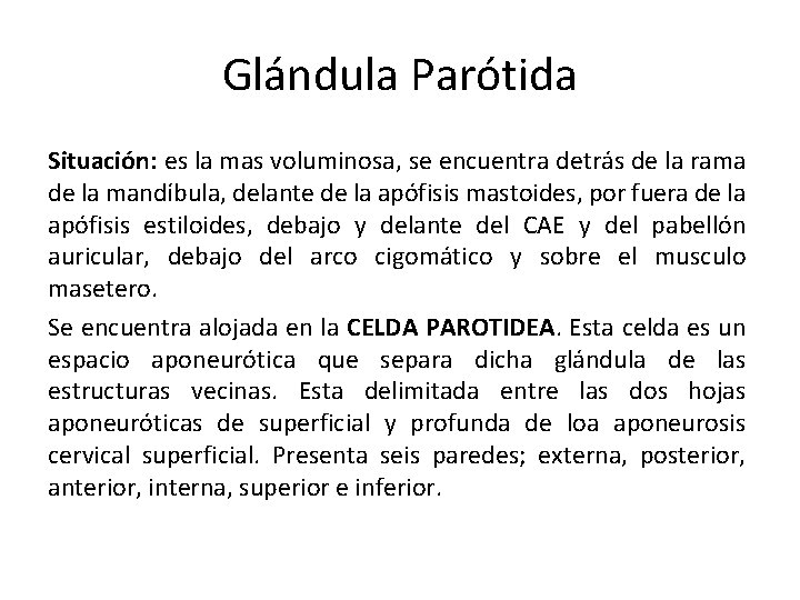 Glándula Parótida Situación: es la mas voluminosa, se encuentra detrás de la rama de Glándula Parótida Situación: es la mas voluminosa, se encuentra detrás de la rama de