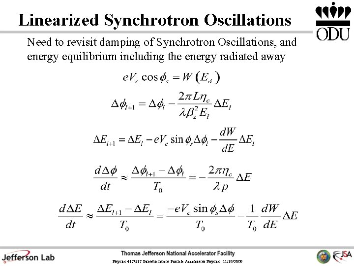 Linearized Synchrotron Oscillations Need to revisit damping of Synchrotron Oscillations, and energy equilibrium including