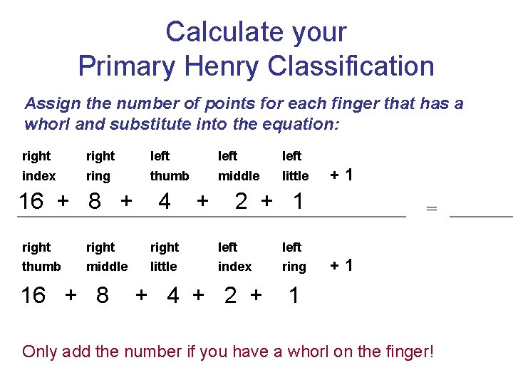 Calculate your Primary Henry Classification Assign the number of points for each finger that