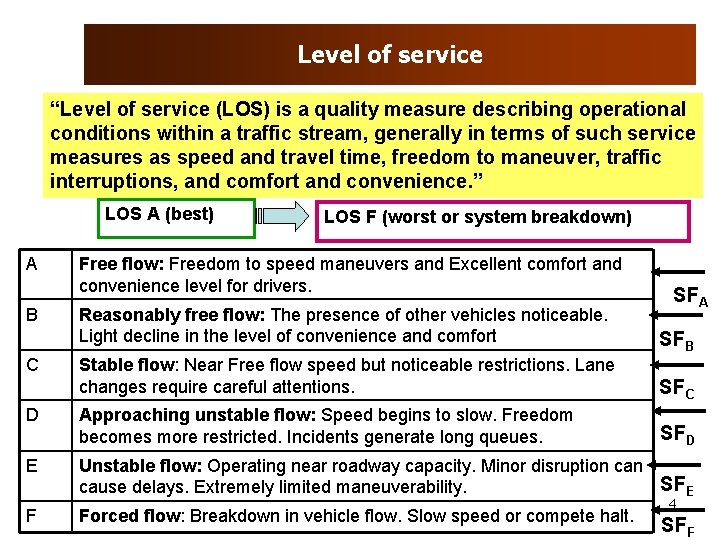 Level of service “Level of service (LOS) is a quality measure describing operational conditions