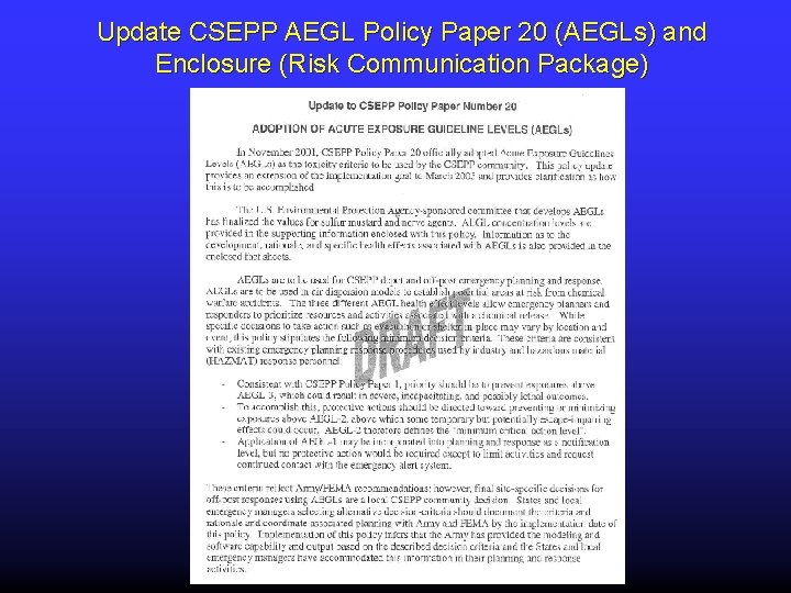 Update CSEPP AEGL Policy Paper 20 (AEGLs) and Enclosure (Risk Communication Package) 33 