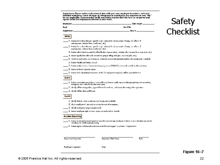 Safety Checklist Figure 16– 7 © 2005 Prentice Hall Inc. All rights reserved. 22