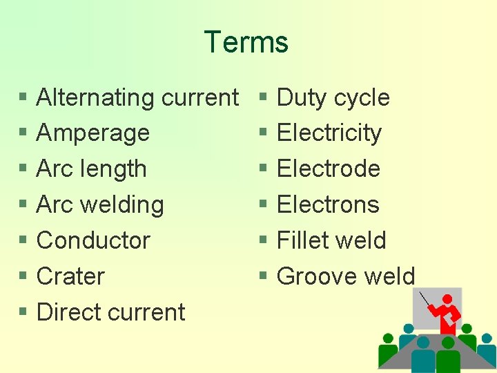 Terms § Alternating current § Amperage § Arc length § Arc welding § Conductor