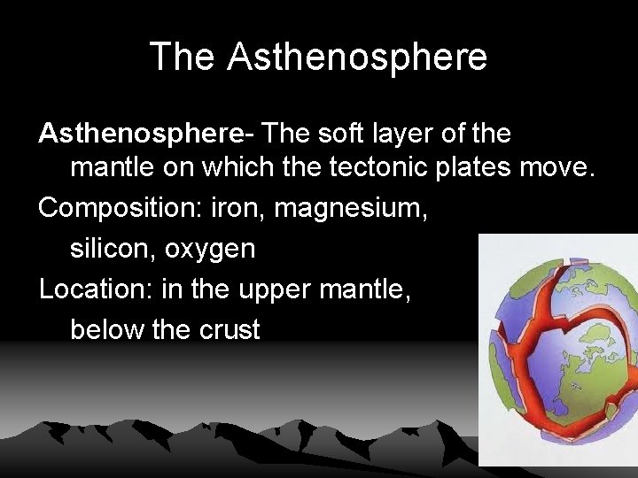 The Asthenosphere- The soft layer of the mantle on which the tectonic plates move.