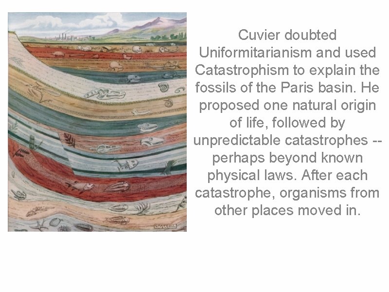 Cuvier doubted Uniformitarianism and used Catastrophism to explain the fossils of the Paris basin.