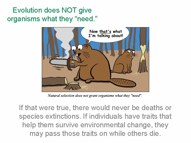 Evolution does NOT give organisms what they “need. ” If that were true, there