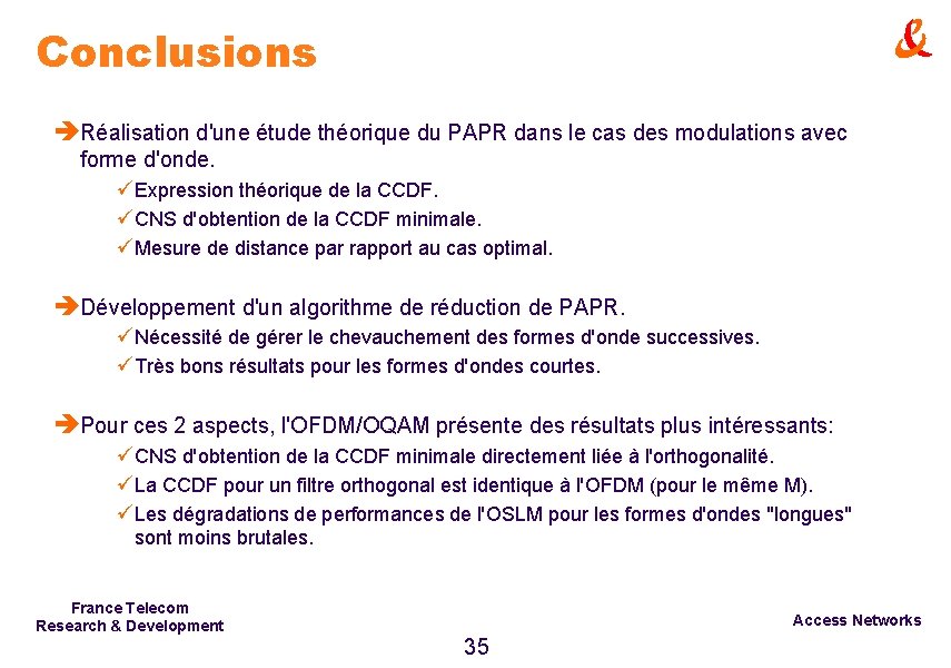 Conclusions èRéalisation d'une étude théorique du PAPR dans le cas des modulations avec forme