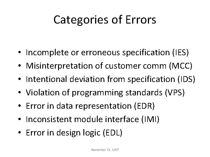 Categories of Errors • • Incomplete or erroneous specification (IES) Misinterpretation of customer comm