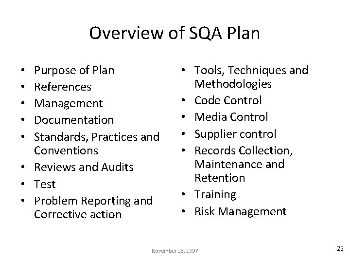 Overview of SQA Plan Purpose of Plan References Management Documentation Standards, Practices and Conventions